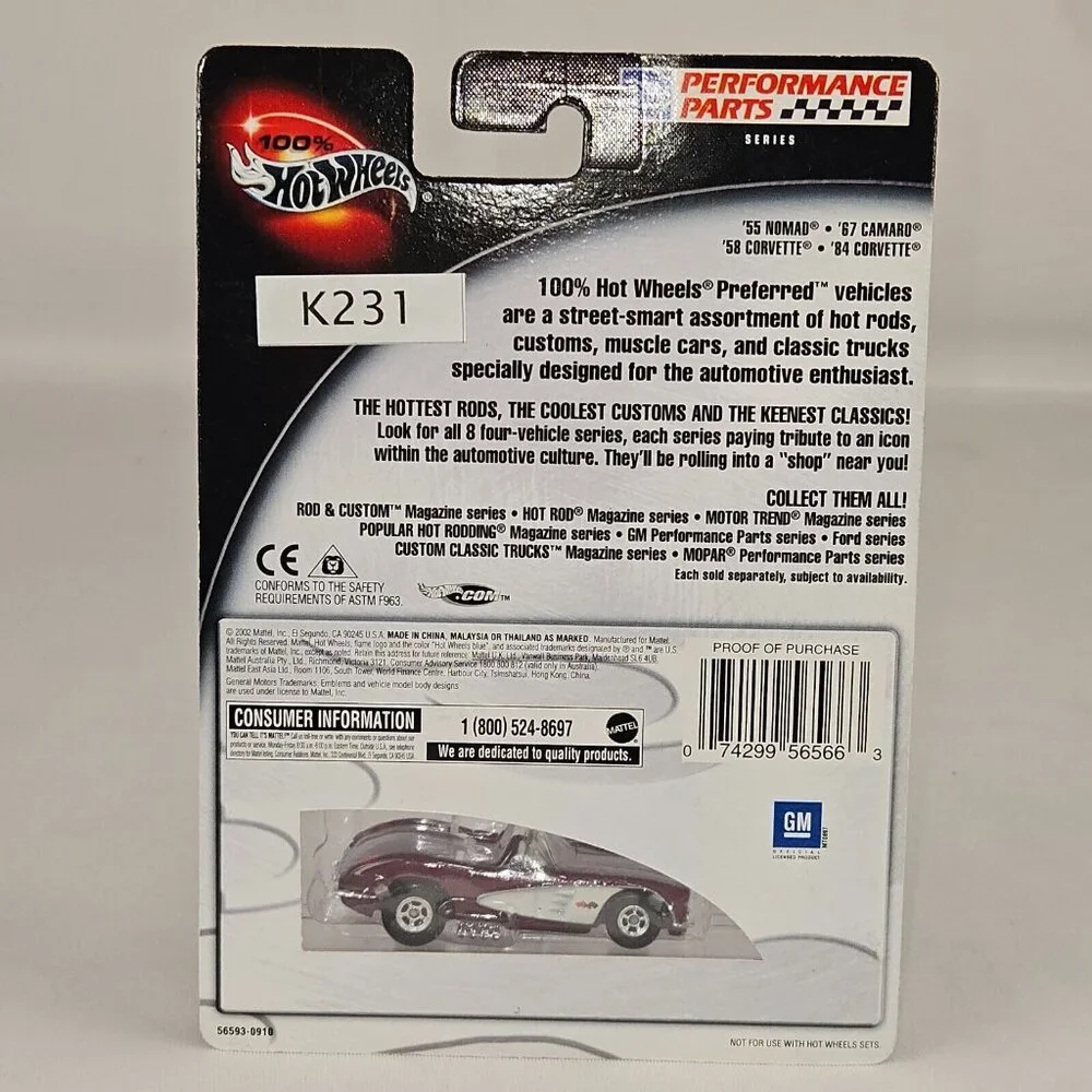 100% Hot Wheels GM Performance Parts Series '58 Corvette #3/4 MINT Purple (K231)